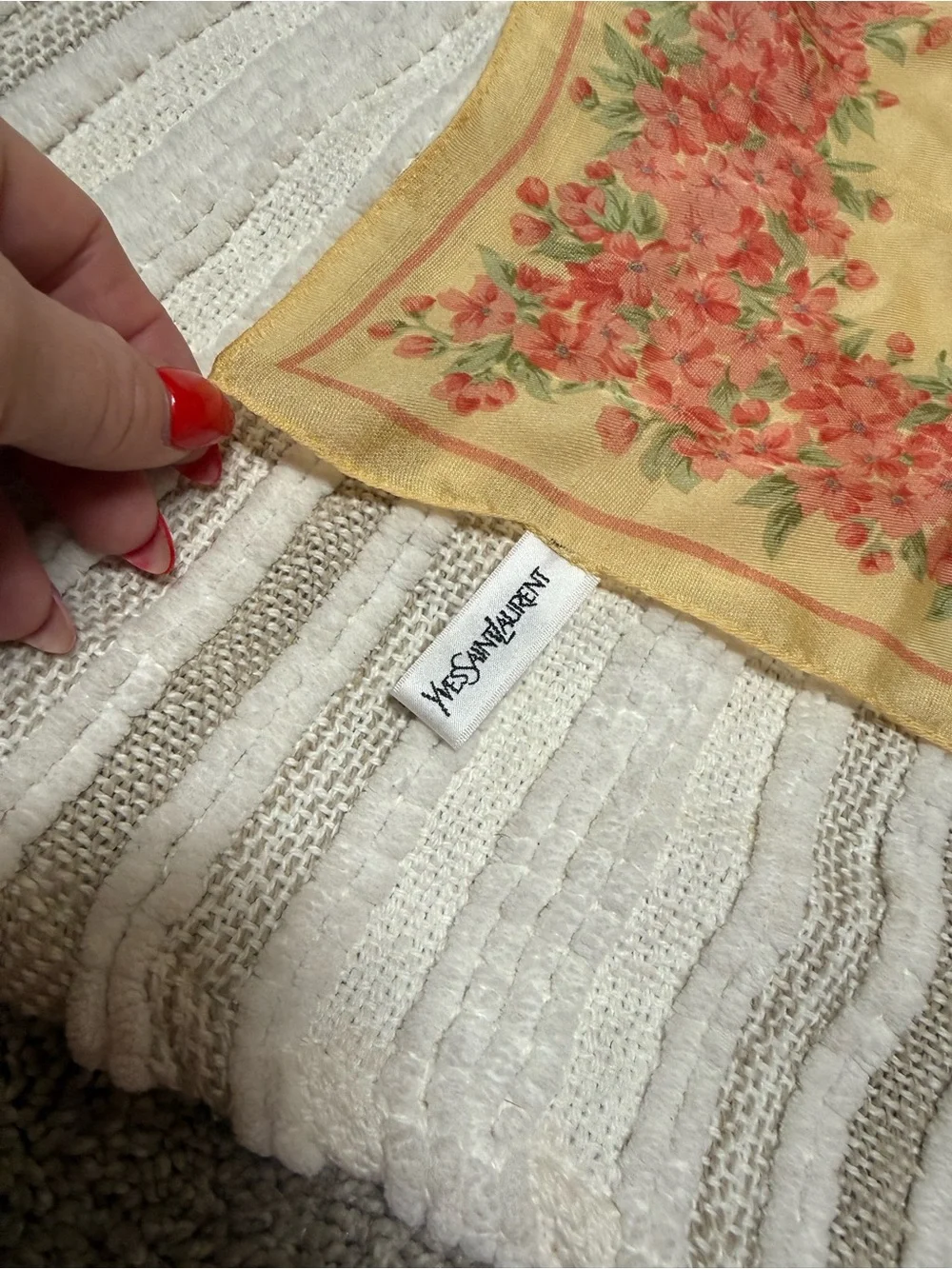 Yves Saint Laurent Yellow Scarf with Coral Floral Border